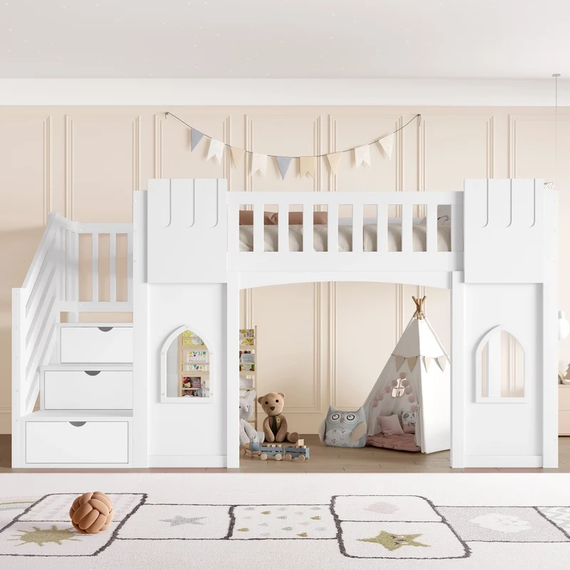 Letto a castello alto 90x200 cm con scala contenitore; struttura in pino e MDF; bianco per cameretta