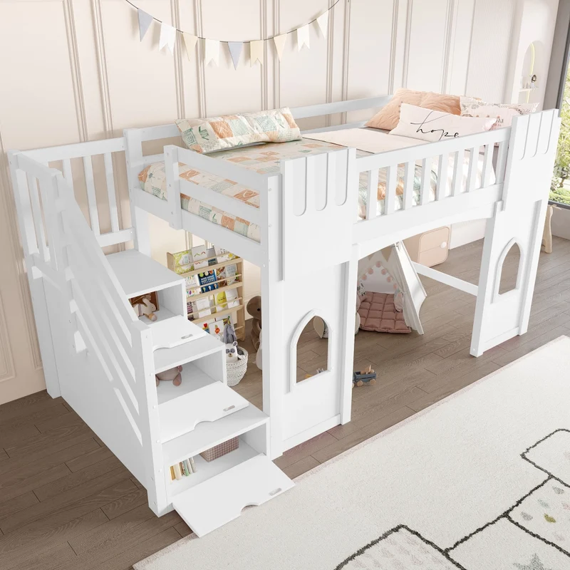 Letto a castello alto 90x200 cm con scala contenitore; struttura in pino e MDF; bianco per cameretta