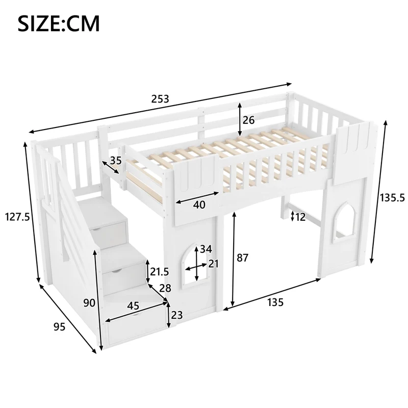 Letto a castello alto 90x200 cm con scala contenitore; struttura in pino e MDF; bianco per cameretta