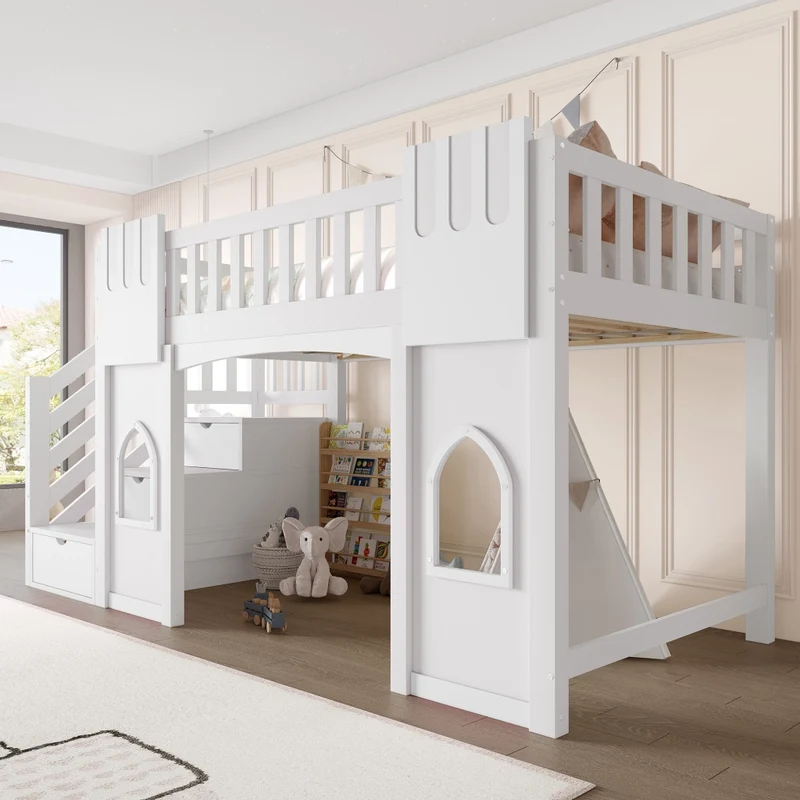 Letto a castello alto 90x200 cm con scala contenitore; struttura in pino e MDF; bianco per cameretta