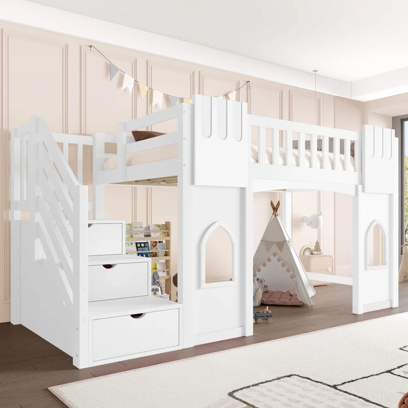 Letto a castello alto 90x200 cm con scala contenitore; struttura in pino e MDF; bianco per cameretta