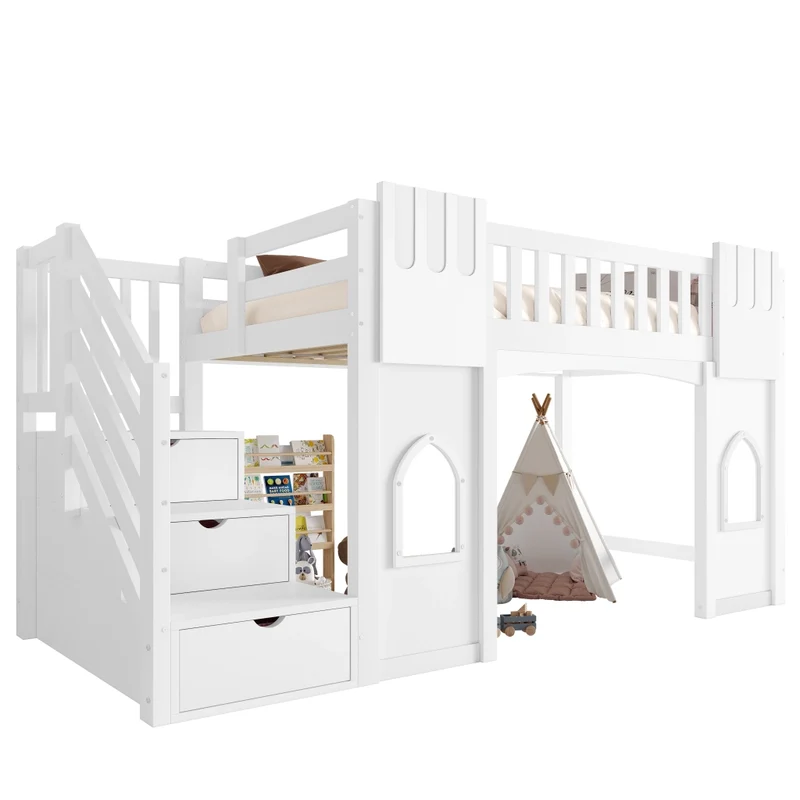 Letto a castello alto 90x200 cm con scala contenitore; struttura in pino e MDF; bianco per cameretta