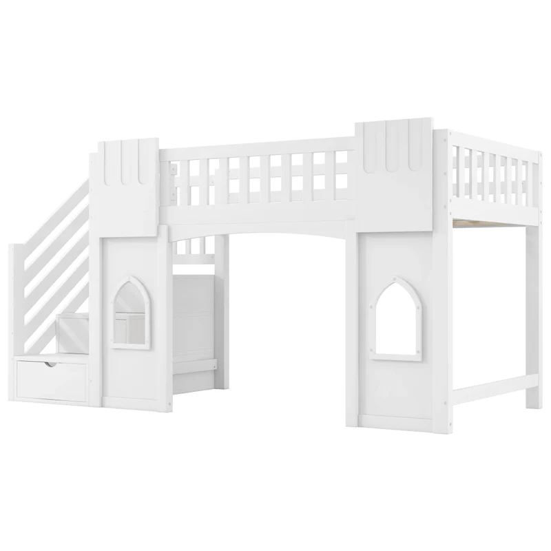 Letto a castello alto 90x200 cm con scala contenitore; struttura in pino e MDF; bianco per cameretta