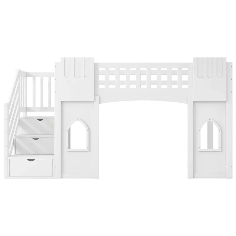 Letto a castello alto 90x200 cm con scala contenitore; struttura in pino e MDF; bianco per cameretta