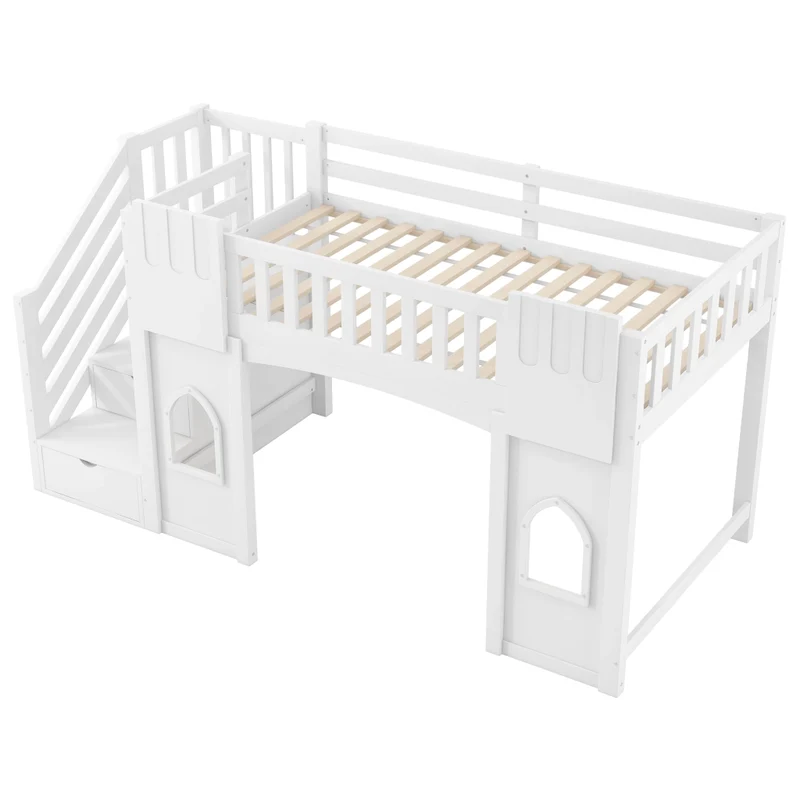 Letto a castello alto 90x200 cm con scala contenitore; struttura in pino e MDF; bianco per cameretta