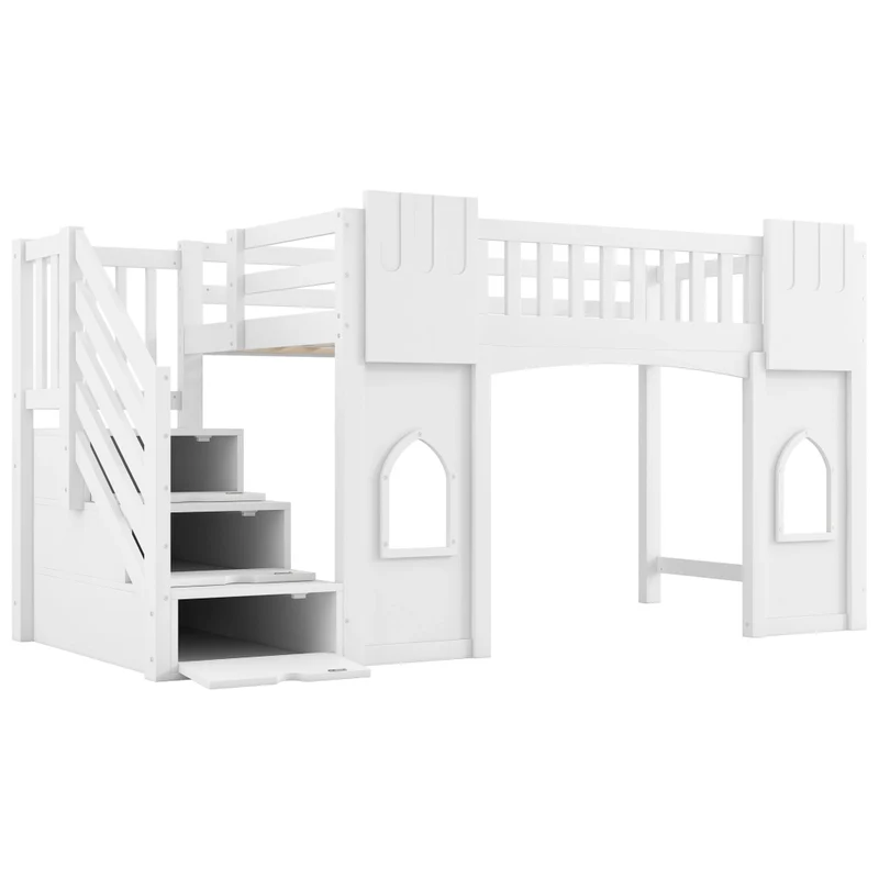 Letto a castello alto 90x200 cm con scala contenitore; struttura in pino e MDF; bianco per cameretta