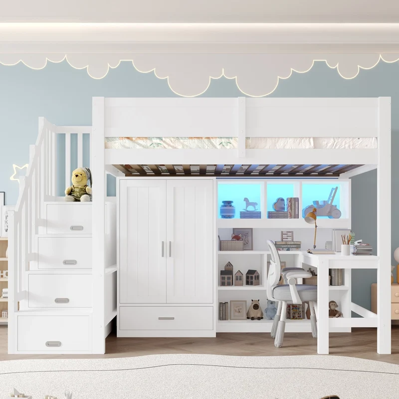 Letto a soppalco 90x200 con scrivania; armadio; scala contenitore e luci LED bianco