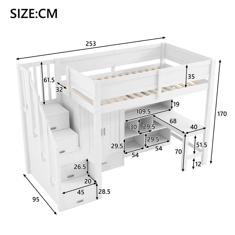 Letto a soppalco 90x200 con scrivania; armadio; scala contenitore e luci LED bianco