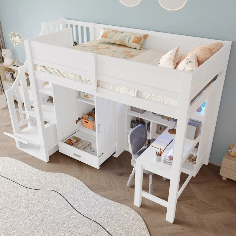 Letto a soppalco 90x200 con scrivania; armadio; scala contenitore e luci LED bianco