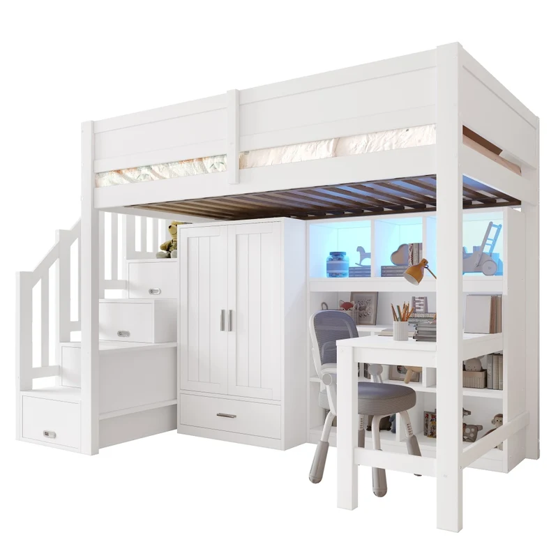 Letto a soppalco 90x200 con scrivania; armadio; scala contenitore e luci LED bianco