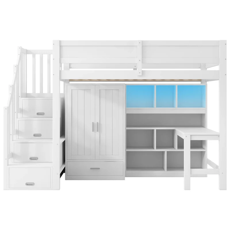 Letto a soppalco 90x200 con scrivania; armadio; scala contenitore e luci LED bianco