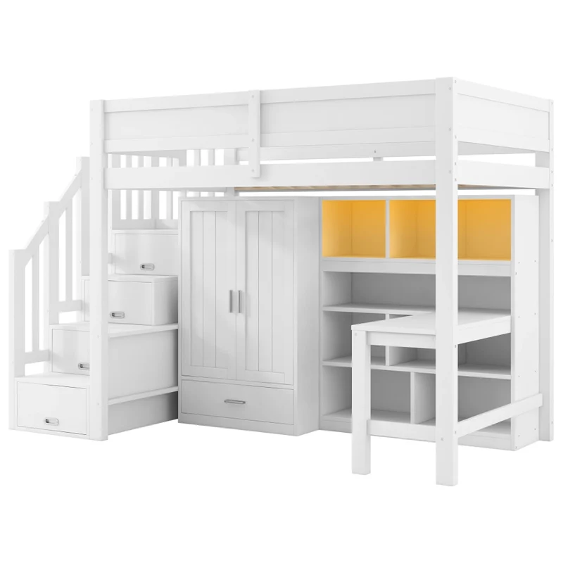 Letto a soppalco 90x200 con scrivania; armadio; scala contenitore e luci LED bianco