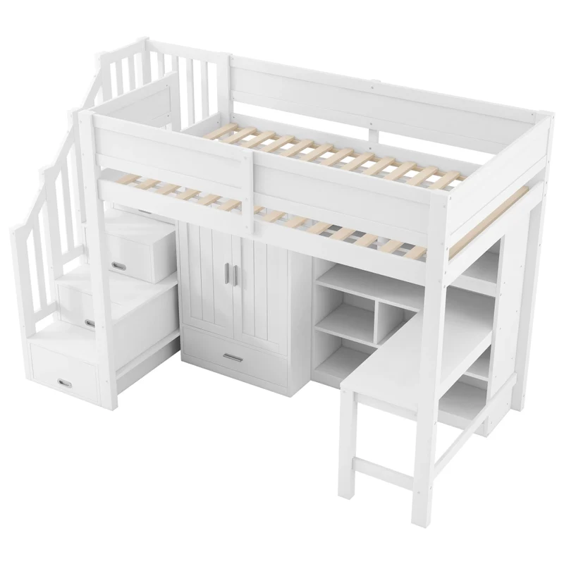 Letto a soppalco 90x200 con scrivania; armadio; scala contenitore e luci LED bianco