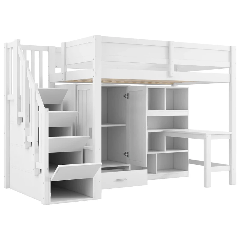 Letto a soppalco 90x200 con scrivania; armadio; scala contenitore e luci LED bianco