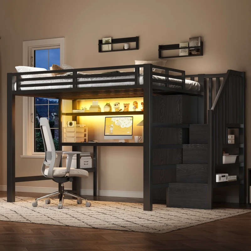 Letto a soppalco in metallo 140x200 con scrivania; armadio; scala contenitore e LED; nero