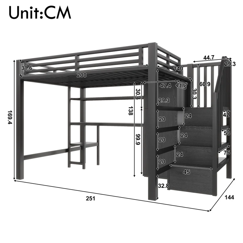 Letto a soppalco in metallo 140x200 con scrivania; armadio; scala contenitore e LED; nero