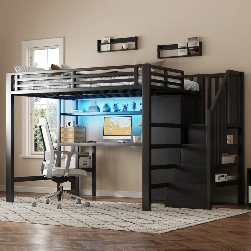 Letto a soppalco in metallo 140x200 con scrivania; armadio; scala contenitore e LED; nero
