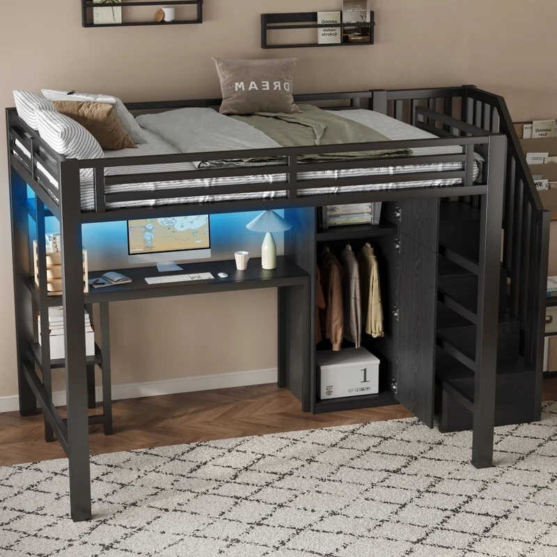 Letto a soppalco in metallo 140x200 con scrivania; armadio; scala contenitore e LED; nero