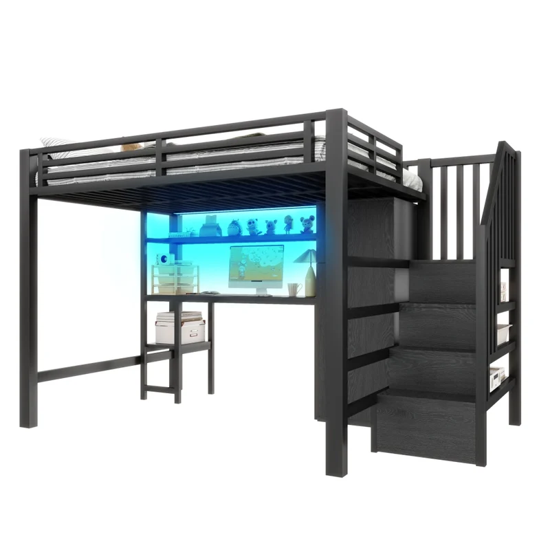 Letto a soppalco in metallo 140x200 con scrivania; armadio; scala contenitore e LED; nero