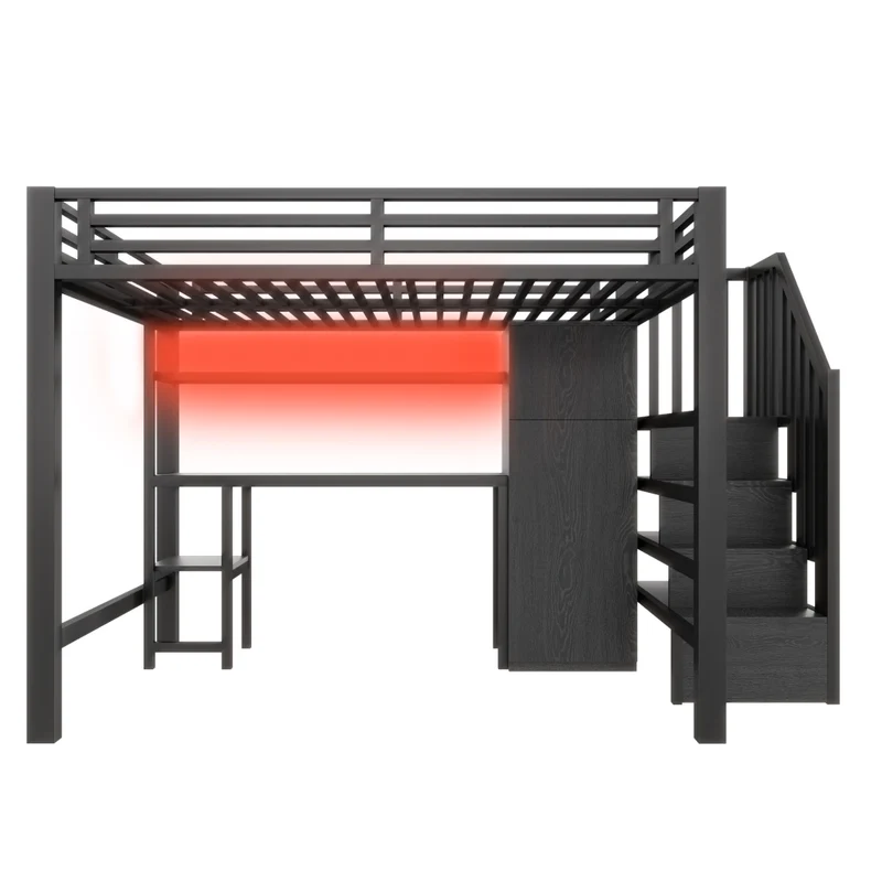 Letto a soppalco in metallo 140x200 con scrivania; armadio; scala contenitore e LED; nero