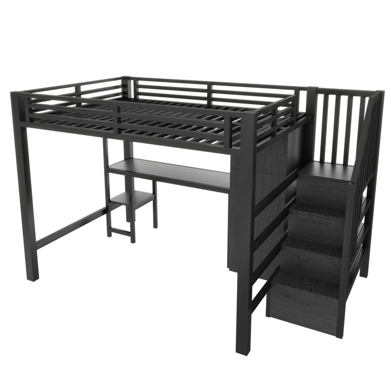 Letto a soppalco in metallo 140x200 con scrivania; armadio; scala contenitore e LED; nero