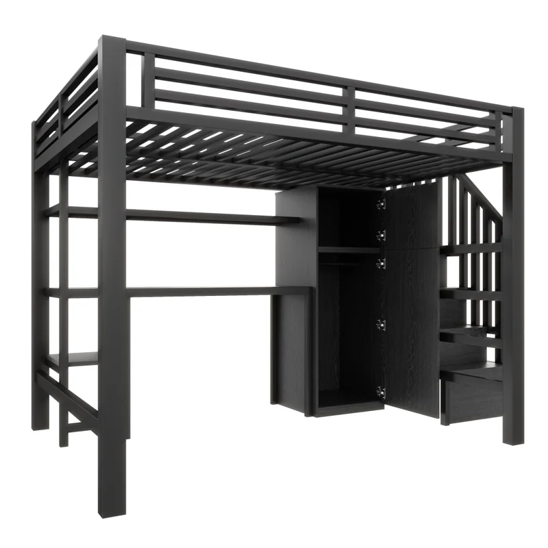 Letto a soppalco in metallo 140x200 con scrivania; armadio; scala contenitore e LED; nero