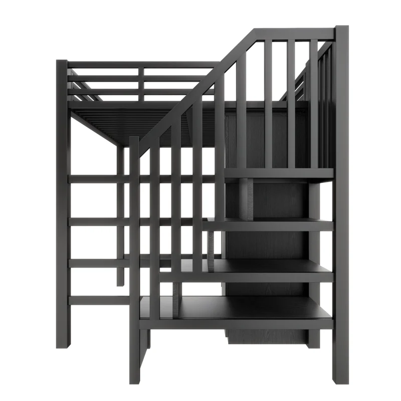 Letto a soppalco in metallo 140x200 con scrivania; armadio; scala contenitore e LED; nero