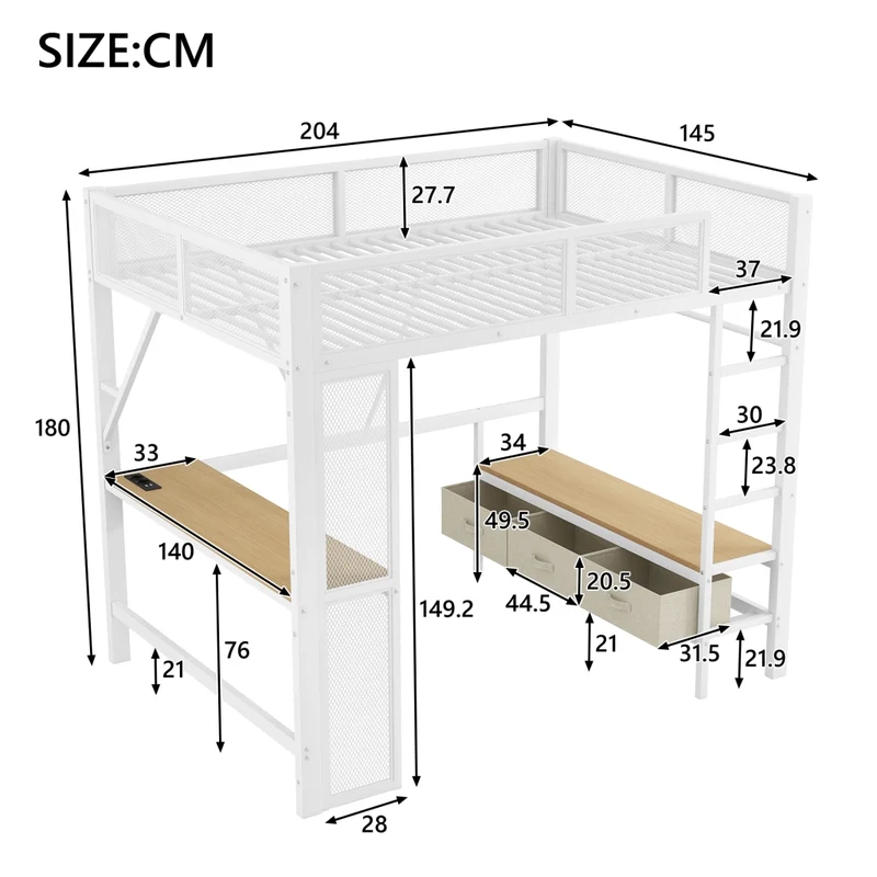 Letto a soppalco 140x200 cm in metallo bianco con scrivania; LED; USB e cassetti