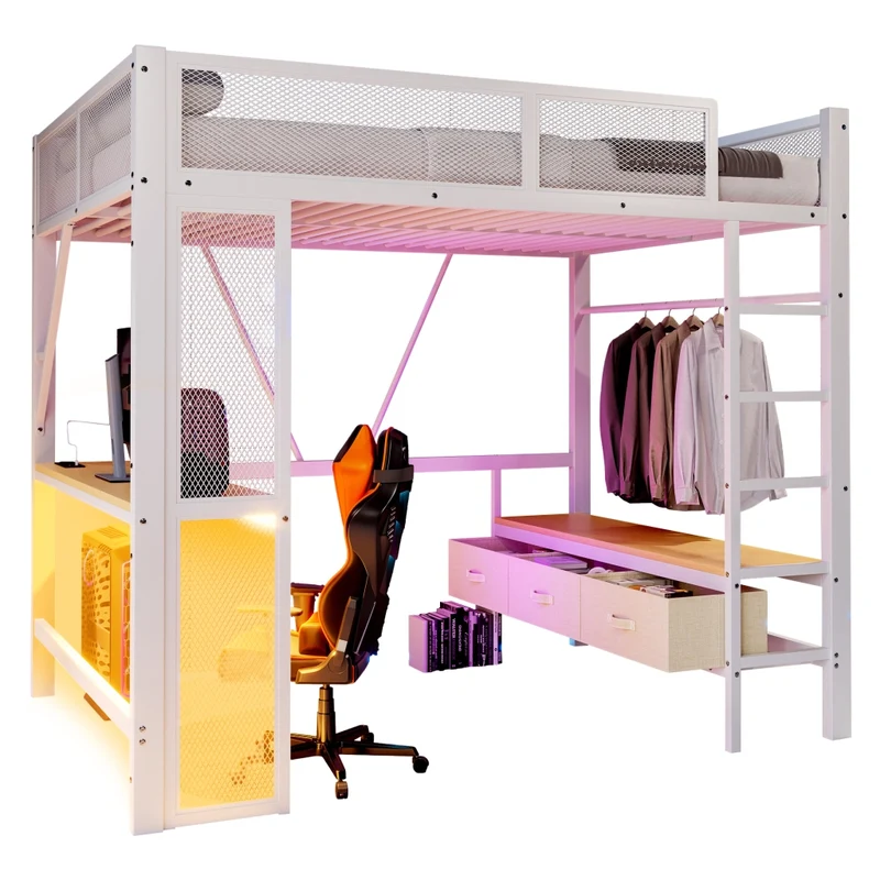 Letto a soppalco 140x200 cm in metallo bianco con scrivania; LED; USB e cassetti