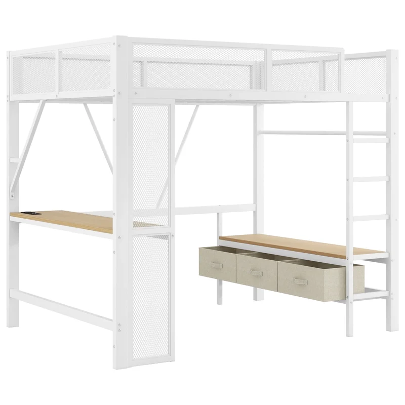 Letto a soppalco 140x200 cm in metallo bianco con scrivania; LED; USB e cassetti