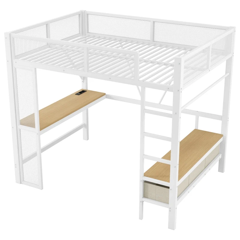 Letto a soppalco 140x200 cm in metallo bianco con scrivania; LED; USB e cassetti
