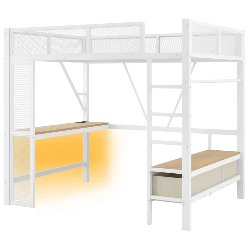 Letto a soppalco 140x200 cm in metallo bianco con scrivania; LED; USB e cassetti