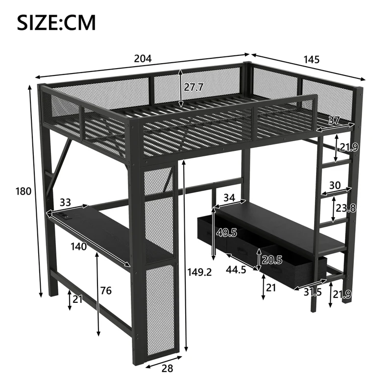 Letto a soppalco 140x200 cm in metallo nero con scrivania; LED; USB e cassetti
