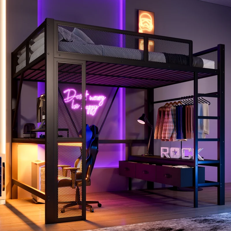 Letto a soppalco 140x200 cm in metallo nero con scrivania; LED; USB e cassetti