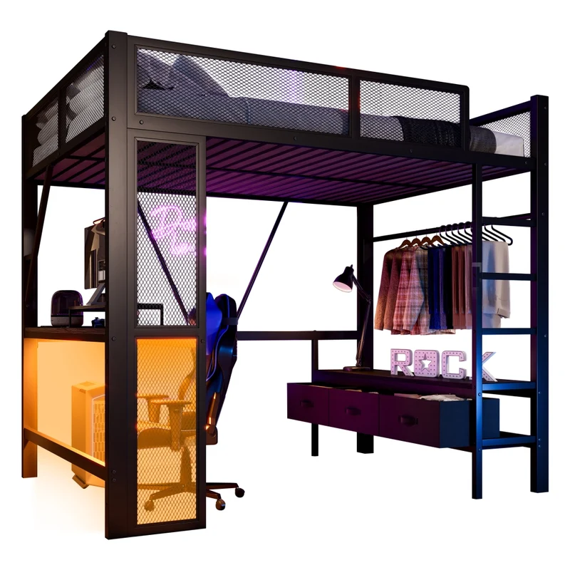 Letto a soppalco 140x200 cm in metallo nero con scrivania; LED; USB e cassetti