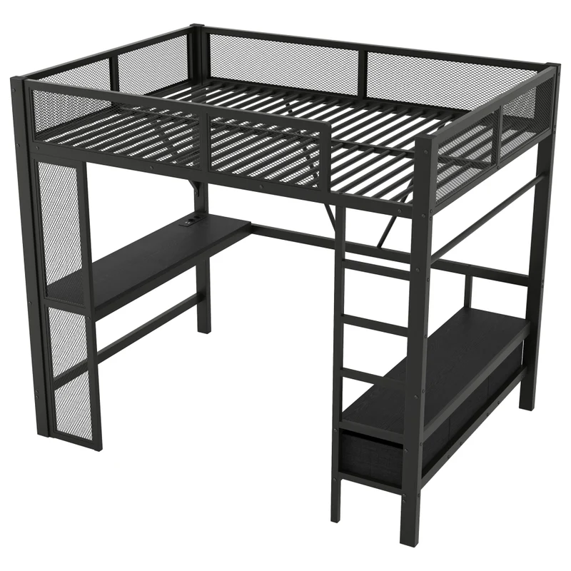 Letto a soppalco 140x200 cm in metallo nero con scrivania; LED; USB e cassetti