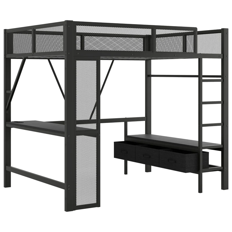 Letto a soppalco 140x200 cm in metallo nero con scrivania; LED; USB e cassetti