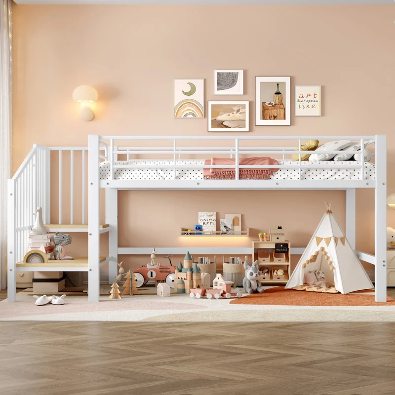 Letto rialzato per bambini 90x200 cm con scala contenitore; struttura in metallo bianca