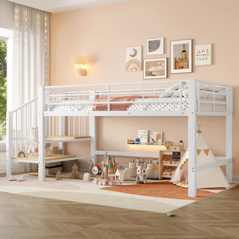 Letto rialzato per bambini 90x200 cm con scala contenitore; struttura in metallo bianca
