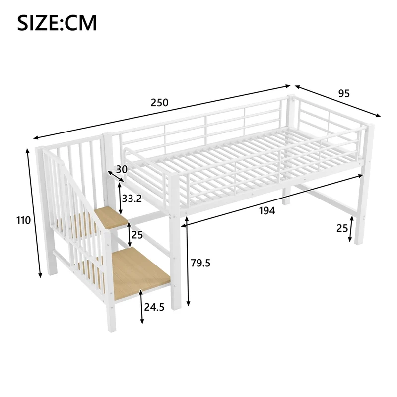 Letto rialzato per bambini 90x200 cm con scala contenitore; struttura in metallo bianca