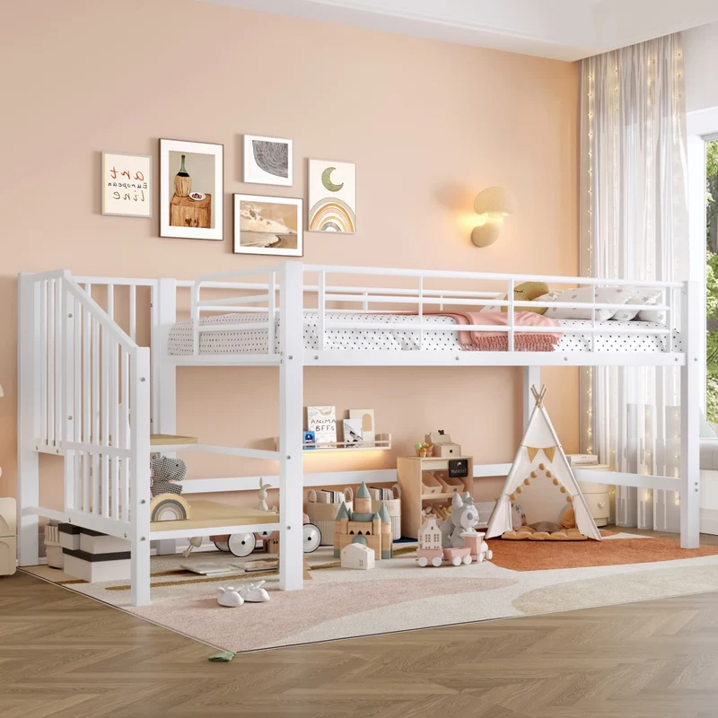 Letto rialzato per bambini 90x200 cm con scala contenitore; struttura in metallo bianca