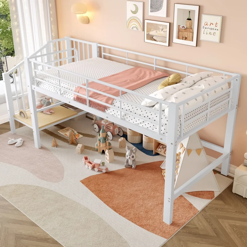 Letto rialzato per bambini 90x200 cm con scala contenitore; struttura in metallo bianca