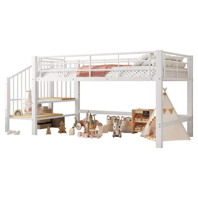Letto rialzato per bambini 90x200 cm con scala contenitore; struttura in metallo bianca