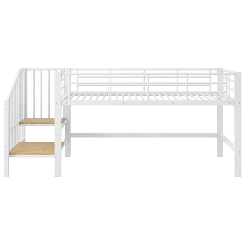 Letto rialzato per bambini 90x200 cm con scala contenitore; struttura in metallo bianca