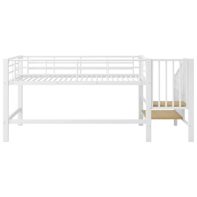Letto rialzato per bambini 90x200 cm con scala contenitore; struttura in metallo bianca