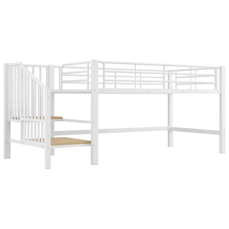 Letto rialzato per bambini 90x200 cm con scala contenitore; struttura in metallo bianca