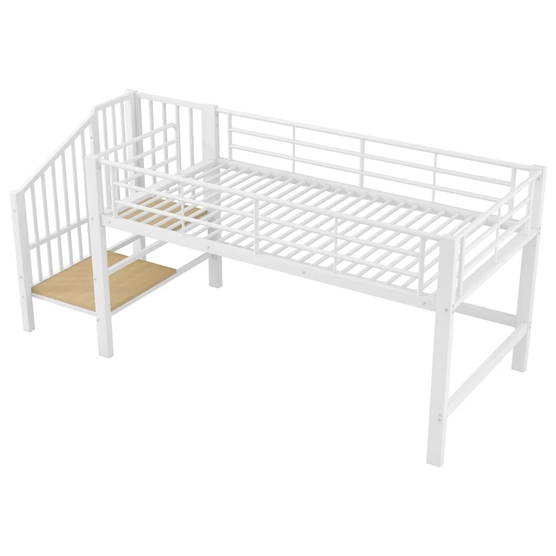 Letto rialzato per bambini 90x200 cm con scala contenitore; struttura in metallo bianca