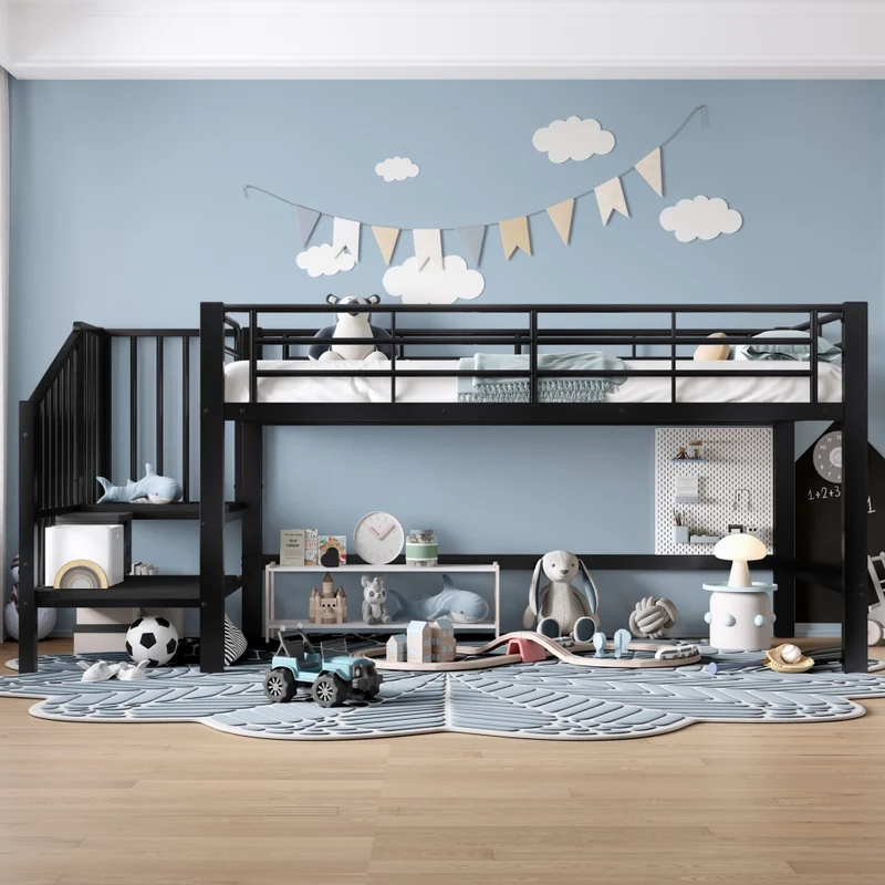 Letto a soppalco per bambini 90x200 cm con scala contenitore integrata; struttura in metallo nero