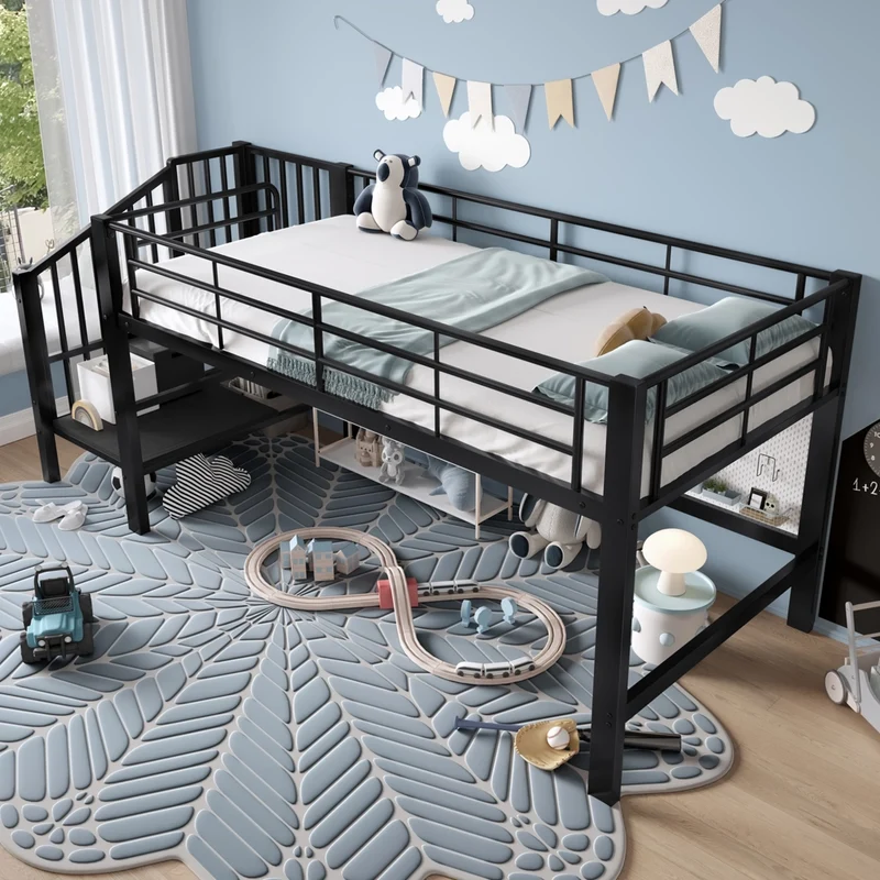 Letto a soppalco per bambini 90x200 cm con scala contenitore integrata; struttura in metallo nero