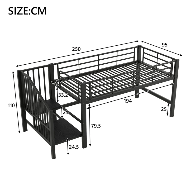 Letto a soppalco per bambini 90x200 cm con scala contenitore integrata; struttura in metallo nero